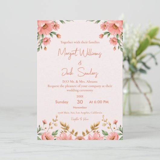 Invitation Mariage d'ivoire fleuri Boho (Debout devant)
