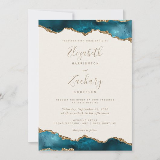 Invitation Mariage d'ivoire moderne Turquoise Or Agate (Devant)