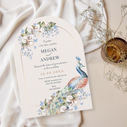 Invitation Mariage d'oiseau de paon bleu floral