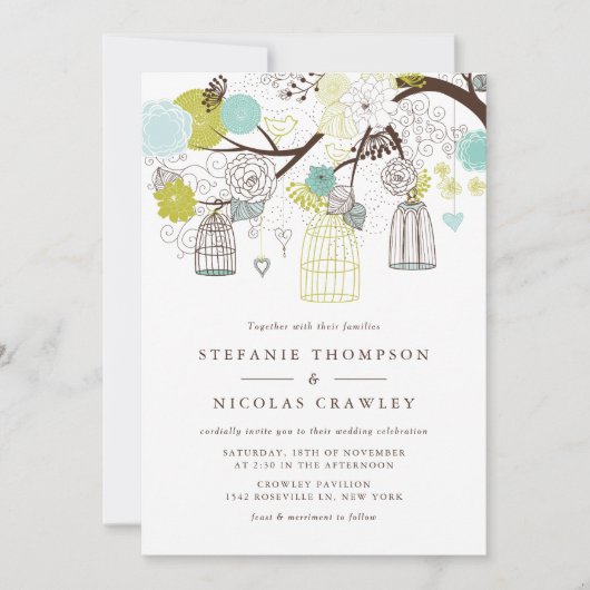 Invitation Mariage d'oiseaux à pendage vert et bleu (Devant)