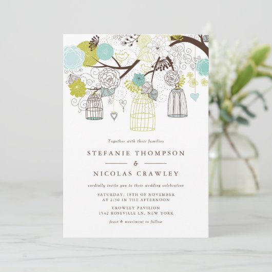 Invitation Mariage d'oiseaux à pendage vert et bleu (Debout devant)