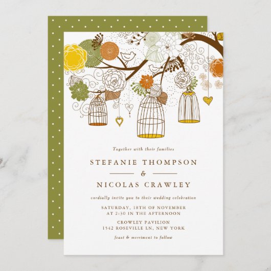 Invitation Mariage d'oiseaux à pendaison orange et jaune (Devant / Derrière)