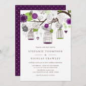 Invitation Mariage d'oiseaux à pendaison violette et verte (Devant / Derrière)