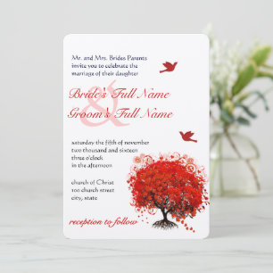 Invitation Mariage d'oiseaux d'amour d'arbre rouge de forêt r