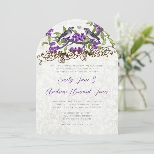Invitation Mariage d'oiseaux d'amour vintage violet et gris (Debout devant)
