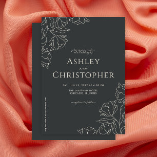Invitation Mariage d'onyx noir floral dessiné moderne