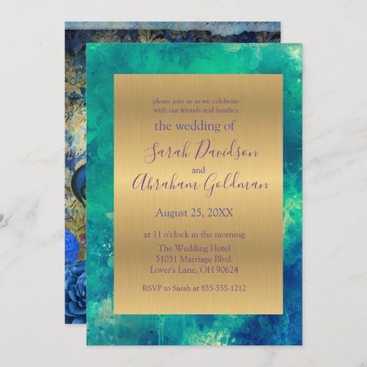 Invitation Mariage d'or Abstrait Peacock (Devant / Derrière)