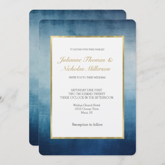 Invitation Mariage d'or bleu blanc (Devant / Derrière)