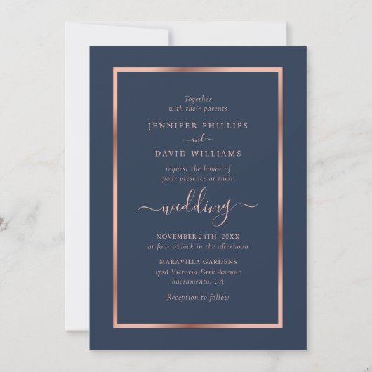Invitation Mariage d'or bleu marine et Rose (Devant)