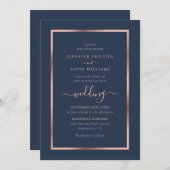 Invitation Mariage d'or bleu marine et Rose (Devant / Derrière)