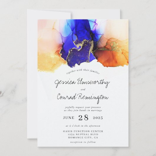 Invitation Mariage d'or bleu orange (Devant)