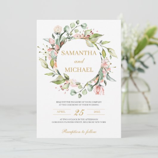 Invitation Mariage d'or boho vert et rose vif (Debout devant)