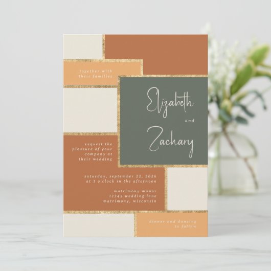 Invitation Mariage d'or crème Peach en terre cuite verte mode (Debout devant)