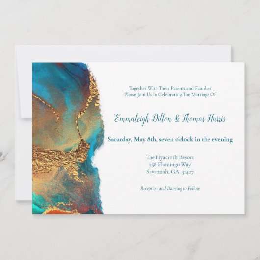 Invitation Mariage d'or de corail Turquoise mystique (Devant)