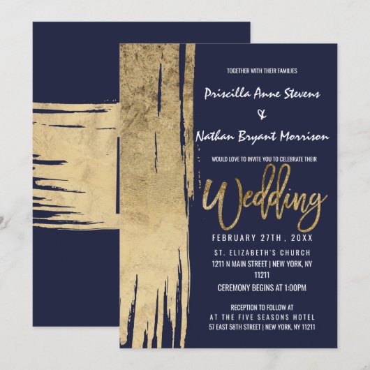 Invitation Mariage d'or de la marine moderne Blue Gold Simple (Devant / Derrière)