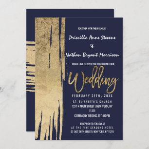 Invitation Mariage d'or de la marine moderne Blue Gold Simple