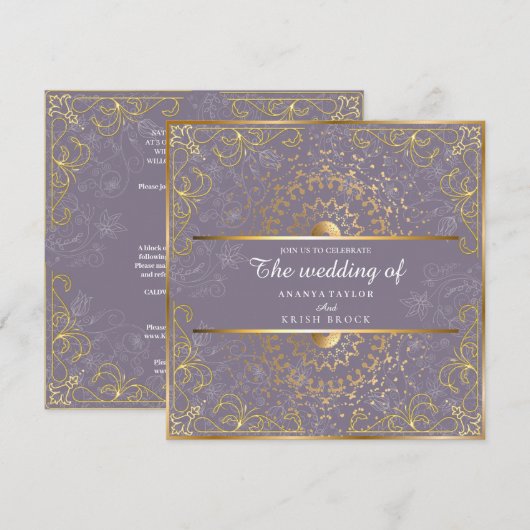 Invitation Mariage d'or et de violet éblouissant (Devant / Derrière)