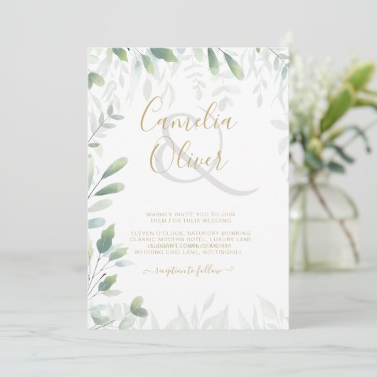 Invitation Mariage d'or Feuille moderne QR Code RSVP (Debout devant)