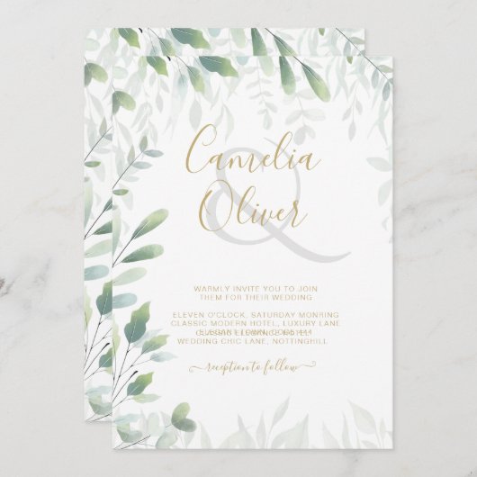 Invitation Mariage d'or Feuille moderne QR Code RSVP (Devant / Derrière)