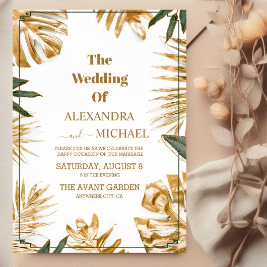 Invitation Mariage d'or Feuille Tropical moderne