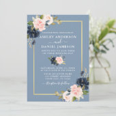 Invitation Mariage d'or floral bleu rose bleu moderne (Debout devant)