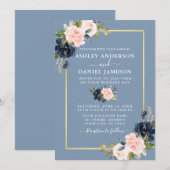 Invitation Mariage d'or floral bleu rose bleu moderne (Devant / Derrière)
