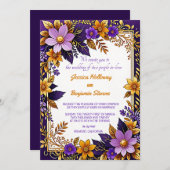 Invitation Mariage d'or floral violet ultra violet (Devant / Derrière)