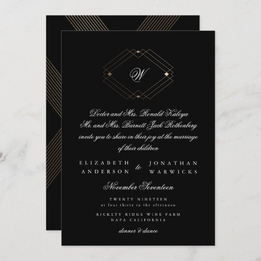 Invitation Mariage d'or géométrique moderne noir simple (Devant / Derrière)