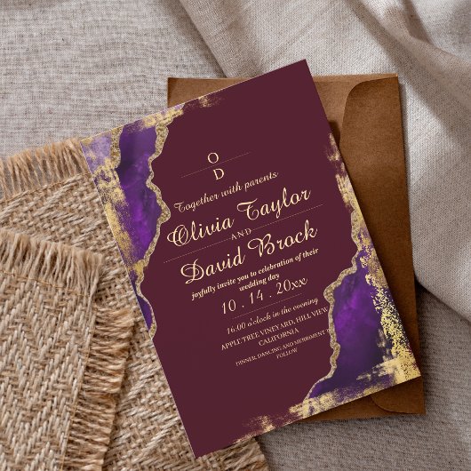 Invitation Mariage d'or moderne de Bourgogne et violet
