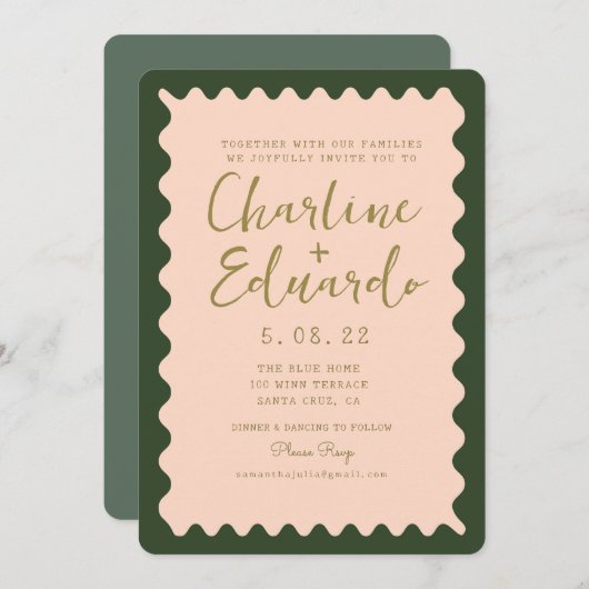 Invitation Mariage d'or Retro Wavy Green Peachy (Devant / Derrière)