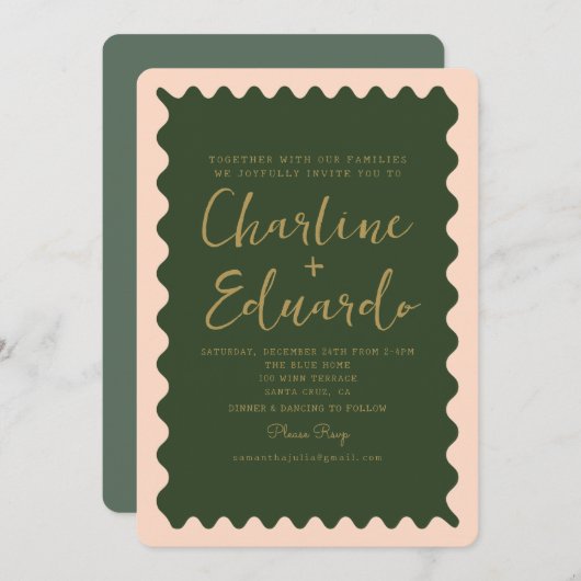 Invitation Mariage d'or Retro Wavy Green Peachy (Devant / Derrière)