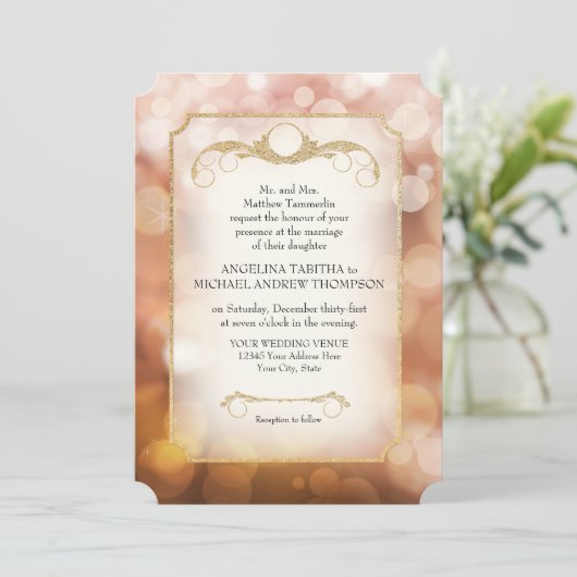 Invitation Mariage d'or rose de Bokeh Sparkle (Debout devant)