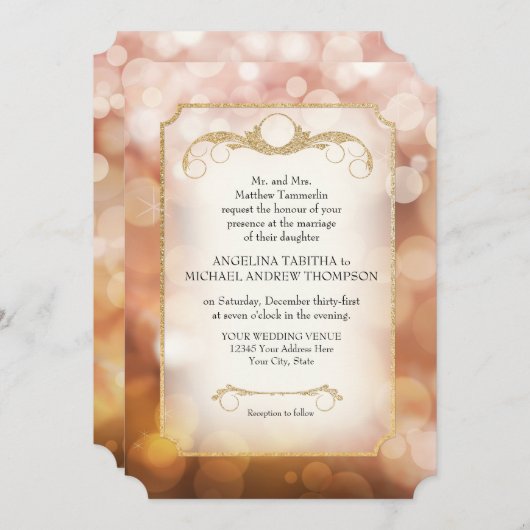 Invitation Mariage d'or rose de Bokeh Sparkle (Devant / Derrière)
