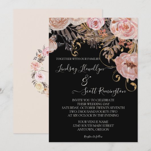 Invitation Mariage d'or Rose floral à l'aquarelle d'automne (Devant / Derrière)