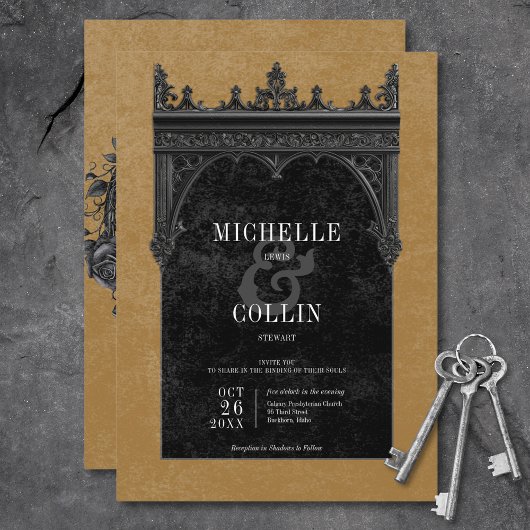 Invitation Mariage d'or Rose gothique noir double arc noir