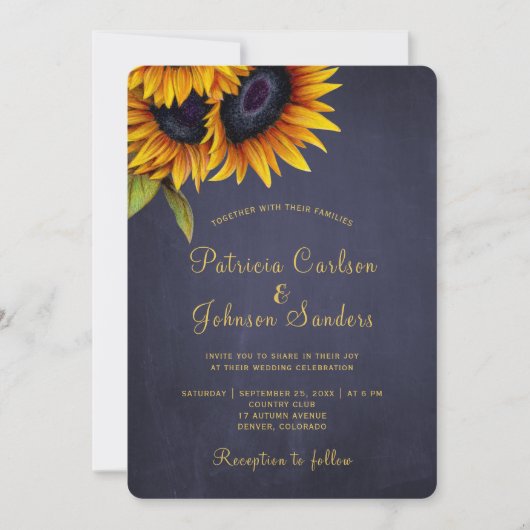 Invitation Mariage d'or rustique tournesol (Devant)