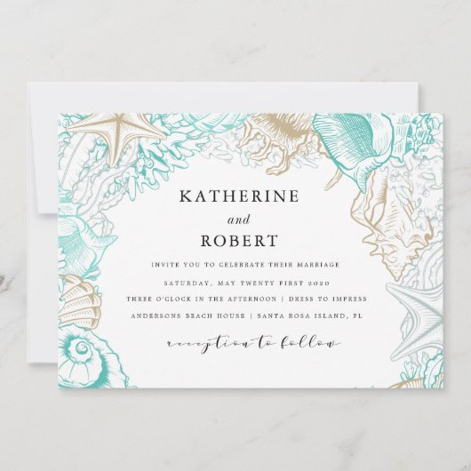 Invitation mariage d'or turquoise côtière balnéaire (Devant)