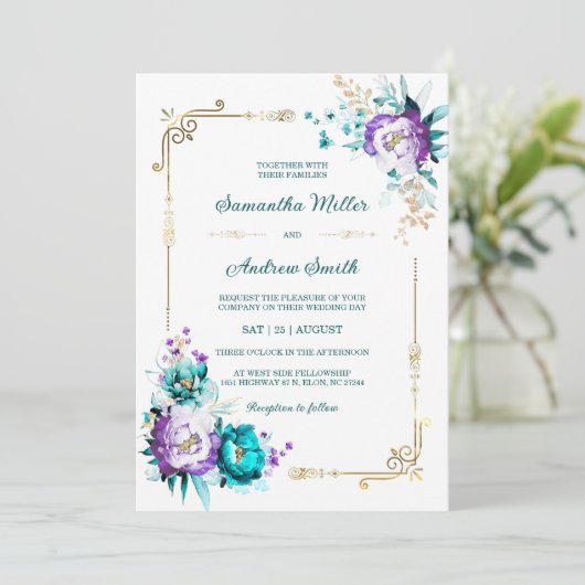 Invitation Mariage d'or Turquoise et violet modifiable (Debout devant)
