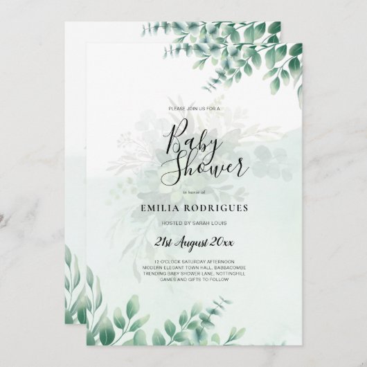 Invitation Mariage d'or vert Eucalyptus Feuille QR CODE (Devant / Derrière)