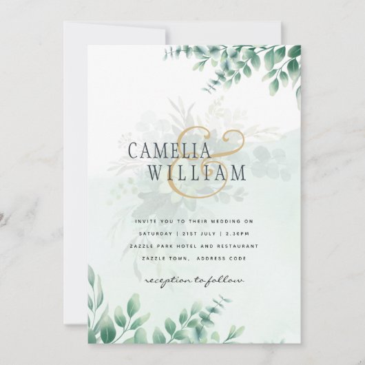 Invitation Mariage d'or vert Eucalyptus Feuille QR CODE (Devant)