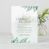 Invitation Mariage d'or vert Eucalyptus Feuille QR CODE (Debout devant)