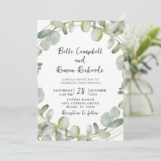 Invitation Mariage d'or vert Eucalyptus tout-en-un moderne (Debout devant)