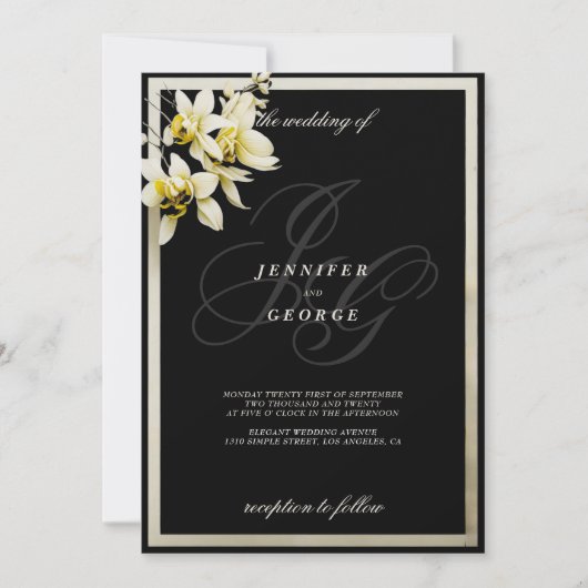 Invitation Mariage d'orchidées avec initiales en ivoire noir (Devant)
