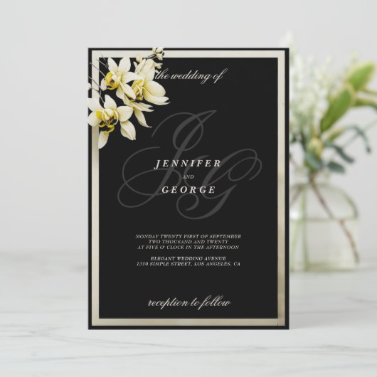 Invitation Mariage d'orchidées avec initiales en ivoire noir (Debout devant)