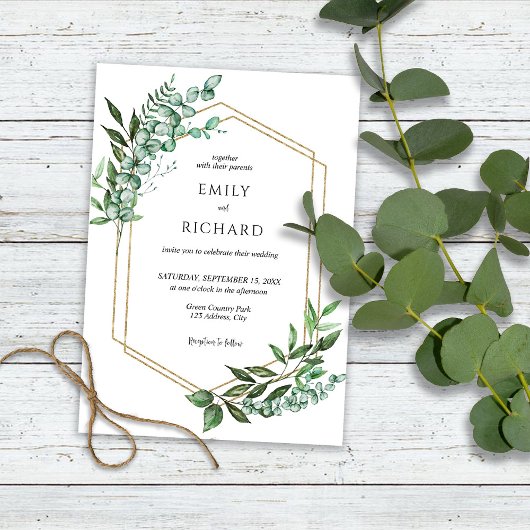 Invitation Mariage doré à la verdure d'eucalyptus