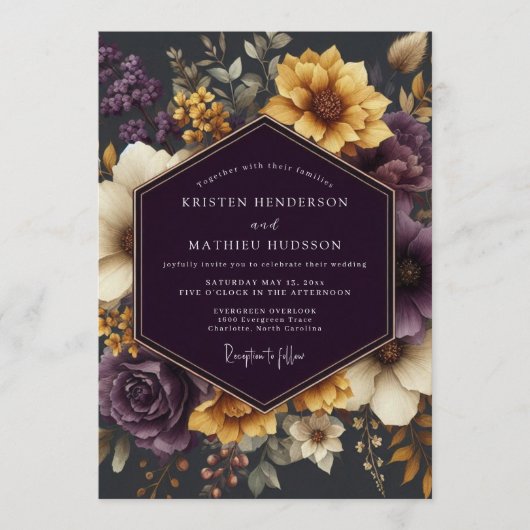 Invitation Mariage doré Aubergine (Devant)