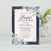 Invitation Mariage doré bleu floral scintillant (Debout devant)