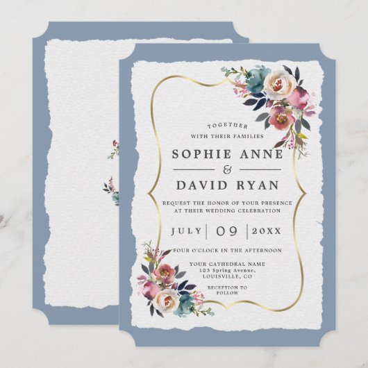 Invitation Mariage doré bleu foncé moderne (Devant / Derrière)