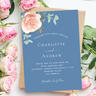 Invitation mariage doré bleu poussiéreux rose
