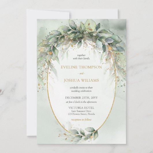 Invitation Mariage doré boho eucalyptus tendance (Devant)